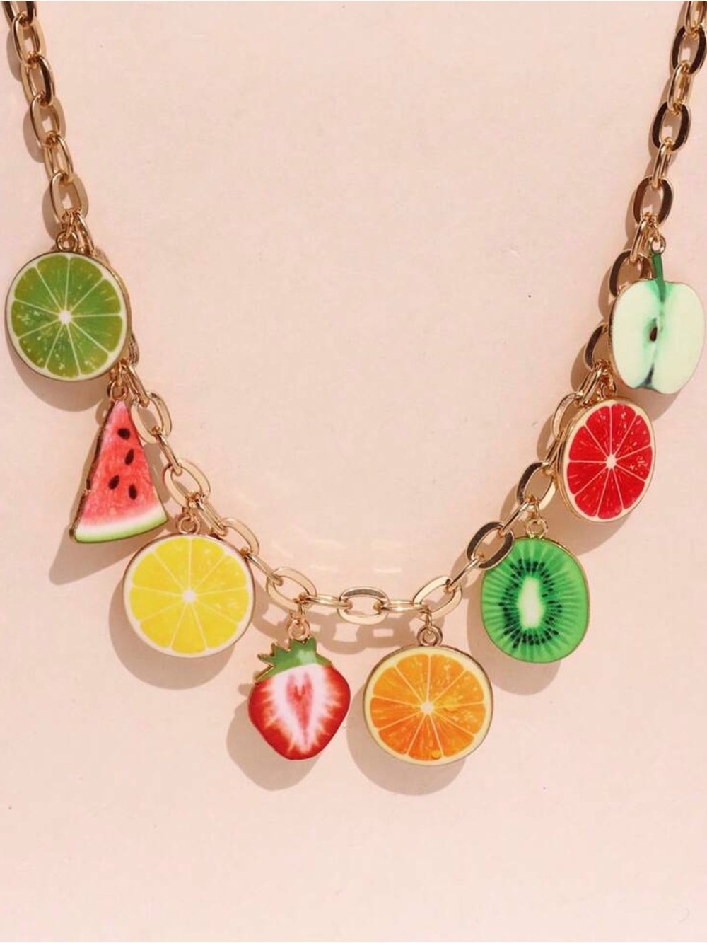Gold Tone Fruit Charm Necklace - Colorful Citrus & Berry Charms